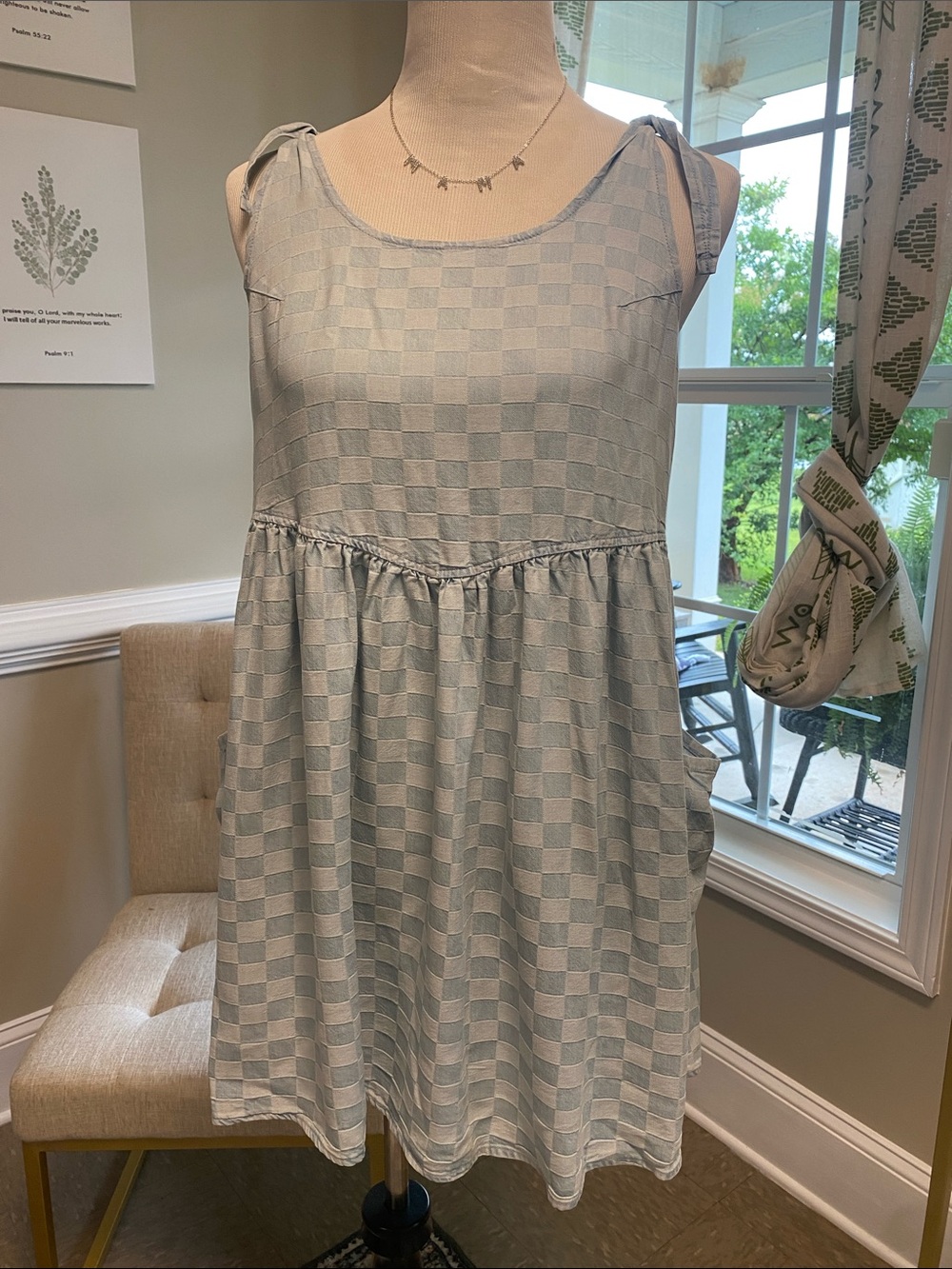Rylee + Cru Cream and Light Blue Checkered Dress